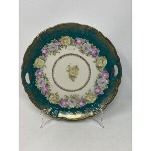 Antique Triple Crown Handled Cake Plate Roses Teal Scalloped Gold Germany 9.75”